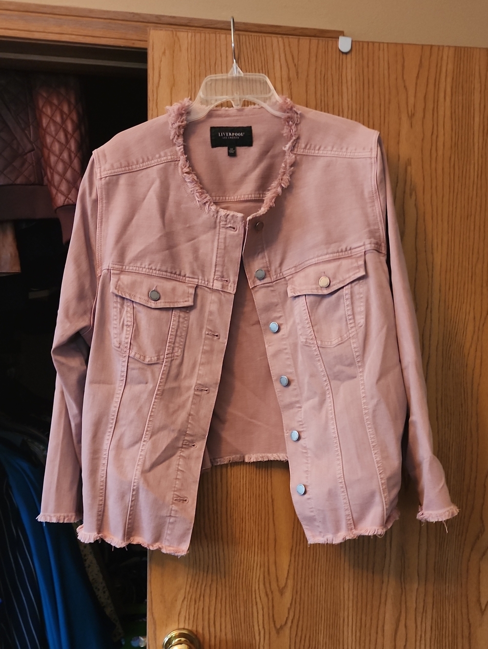 Liverpool Blush Pink Frayed-Trim Denim Jacket